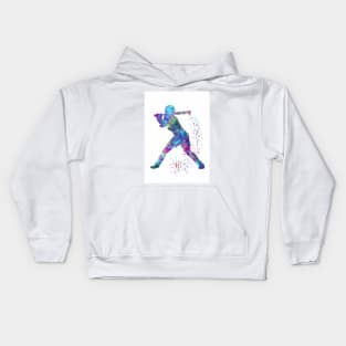 Baseball Batter Girl Colorful Watercolor Silhouette Kids Hoodie